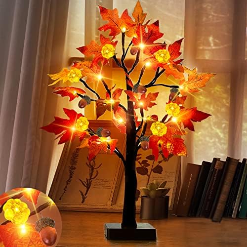 [טיימר] עץ לייפל של LED 24 אינץ 'סתיו סתיו חג ההודיה 24 אורות אורות סוללה המופעלת על שולחן דלעת עץ דלעת